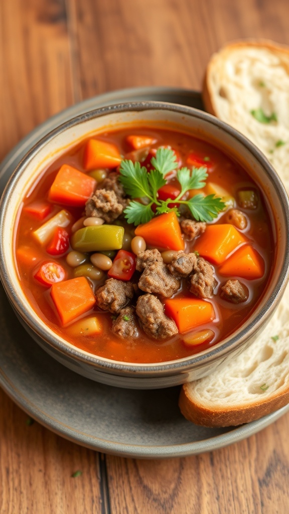 A bowl of hamburger veggie soup with ground beef, carrots, green beans, and tomatoes, garnished with parsley, on a wooden table with bread.